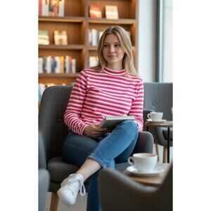 Dudley Stephens Terry Fleece Brighton Boatneck Pink Stripe Size Medium